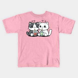 Cute Cats With Boba Tea Kids T-Shirt